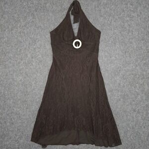 My Michelle Dress Juniors L Brown Lace Halter‎ Fit Flare Lined Y2K Vintage 90s